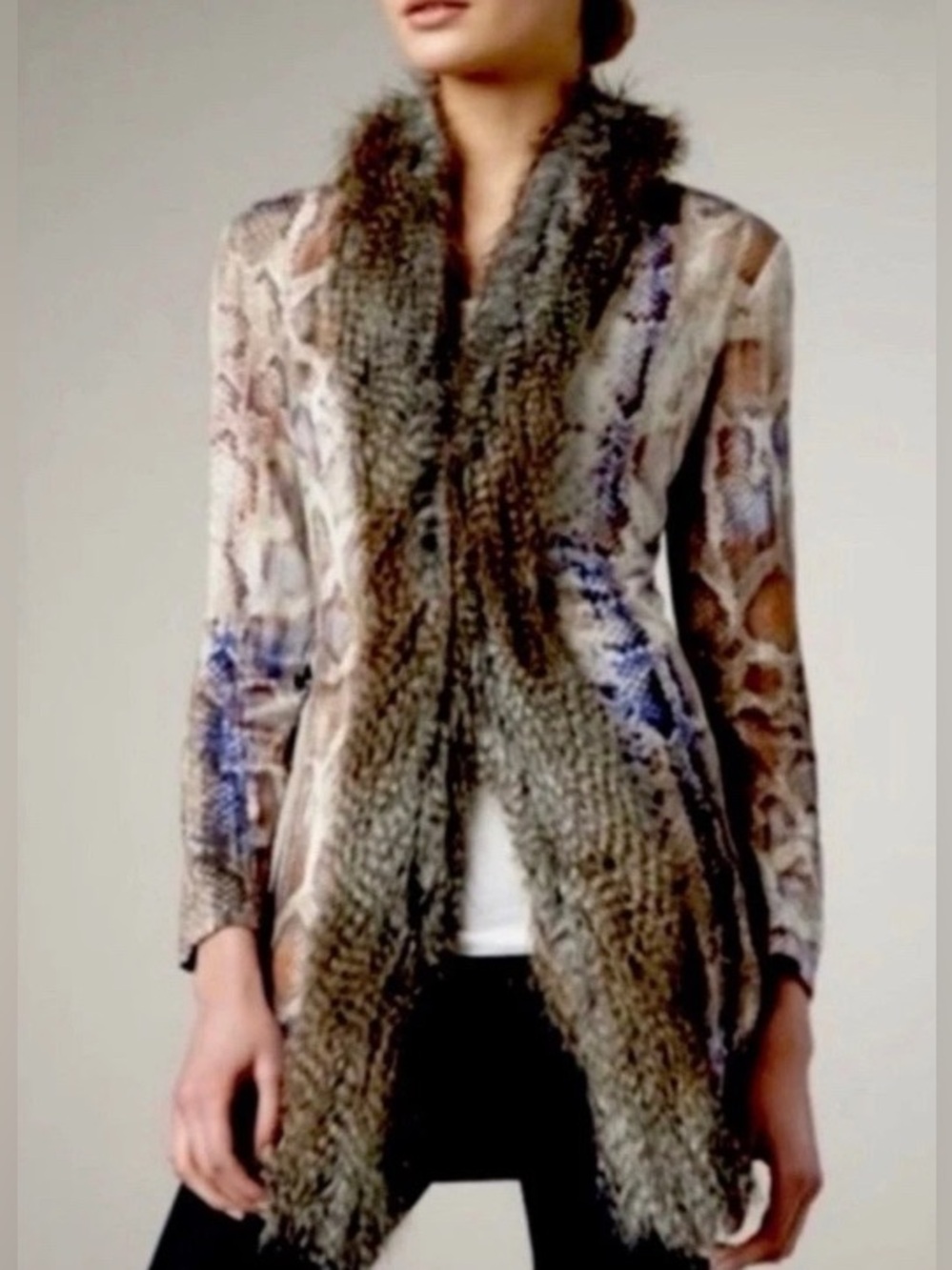 Alberto Makali Snakeskin Print Mesh Cardigan with Striped Faux Fur size XL